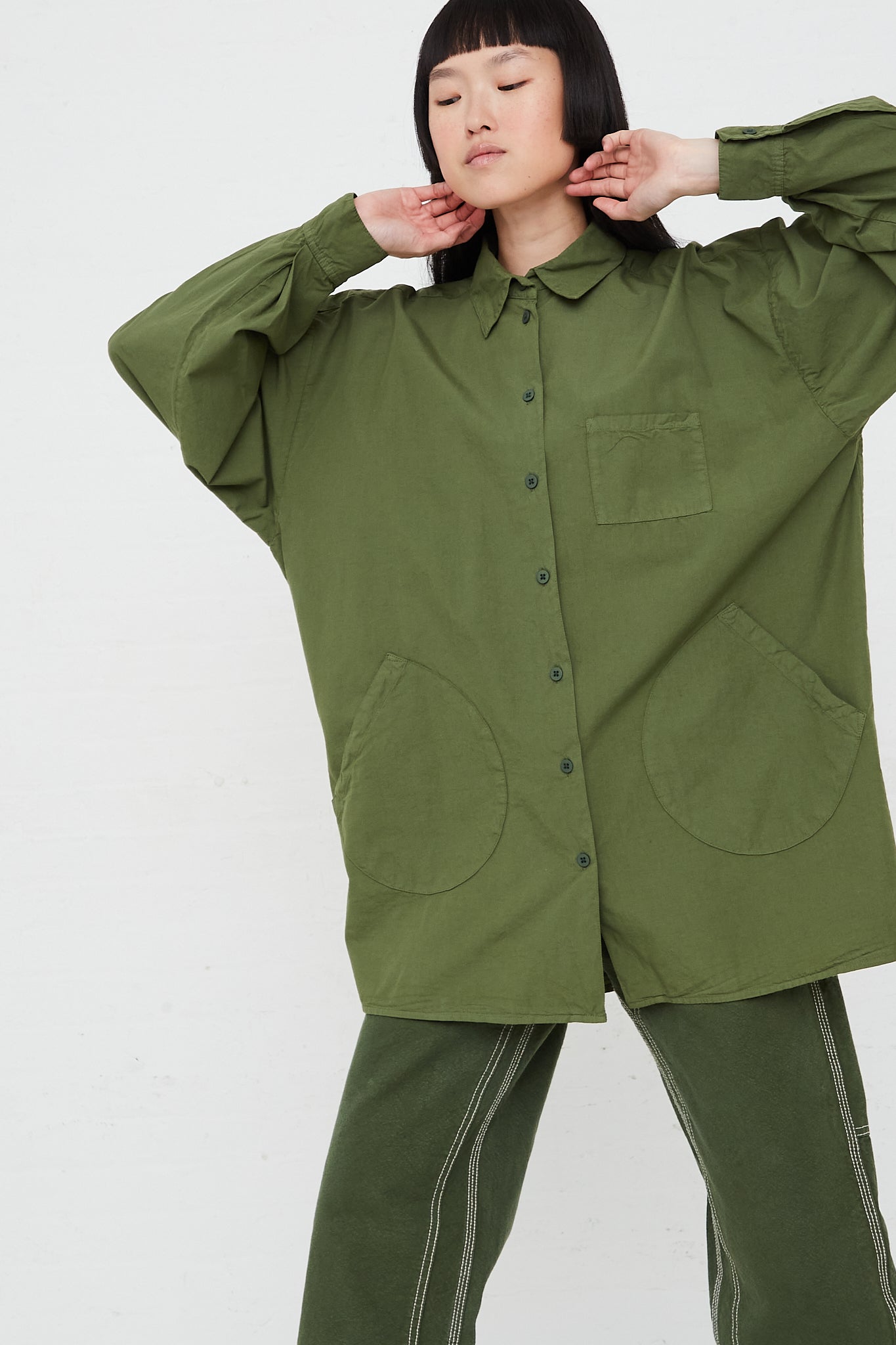 Okuda Cotton Poplin Shirt in Olive by Jesse Kamm for Oroboro Front