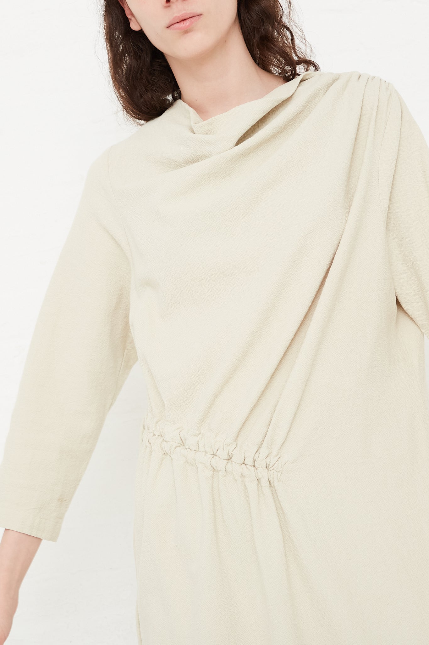 Cotton Woven Ruched Dress in Ivory by Black Crane for Oroboro Front Upclose