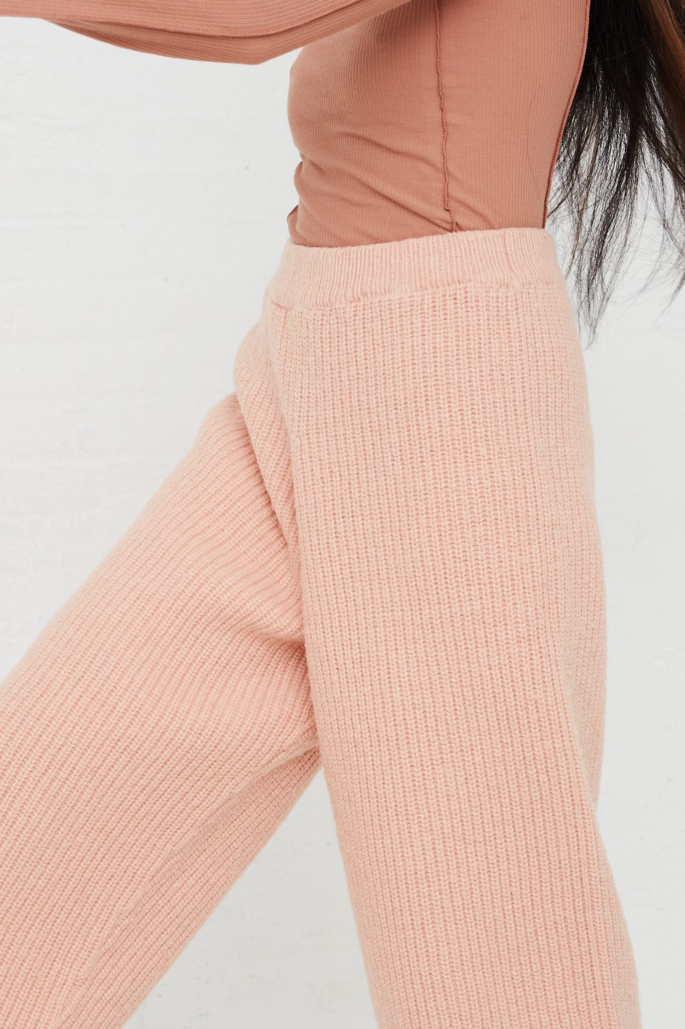 Mea Rib Knit Pant in Pink by Baserange for Oroboro Front Upclose