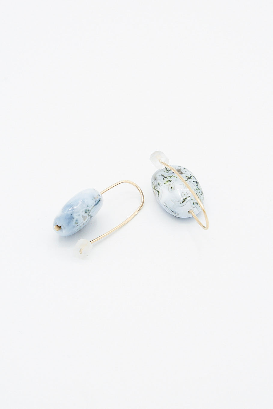 A pair of Mary MacGill Drop Earrings in Textured Blue Opal on a white surface. 14K Gold-Filled Wire.