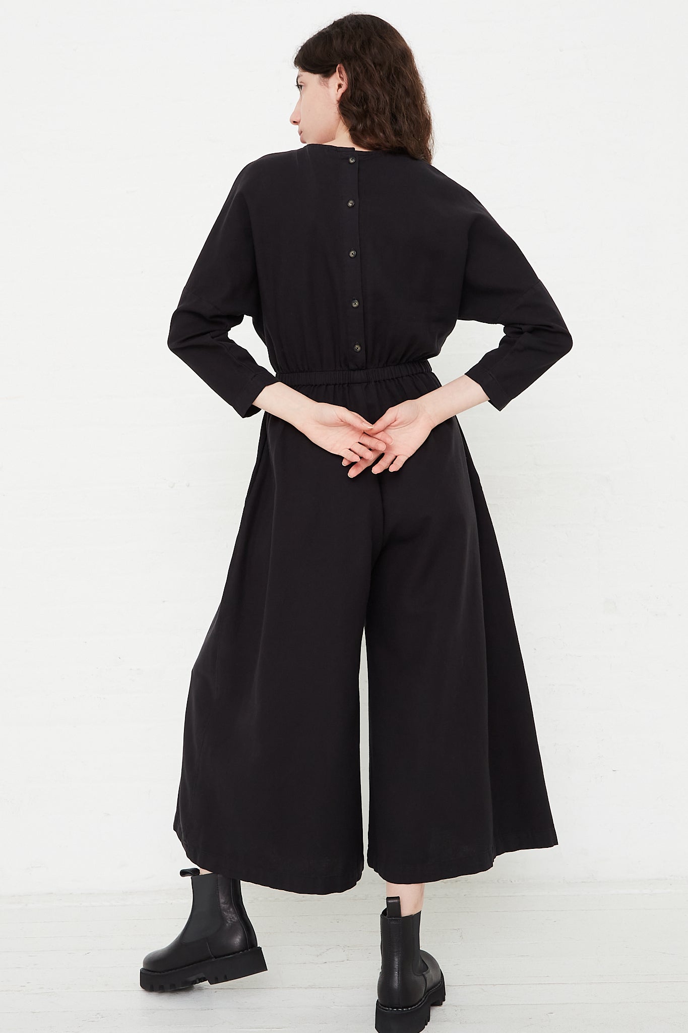 Cotton Twill Wide Culotte Jumpsuit in Black by Black Crane for Oroboro Back