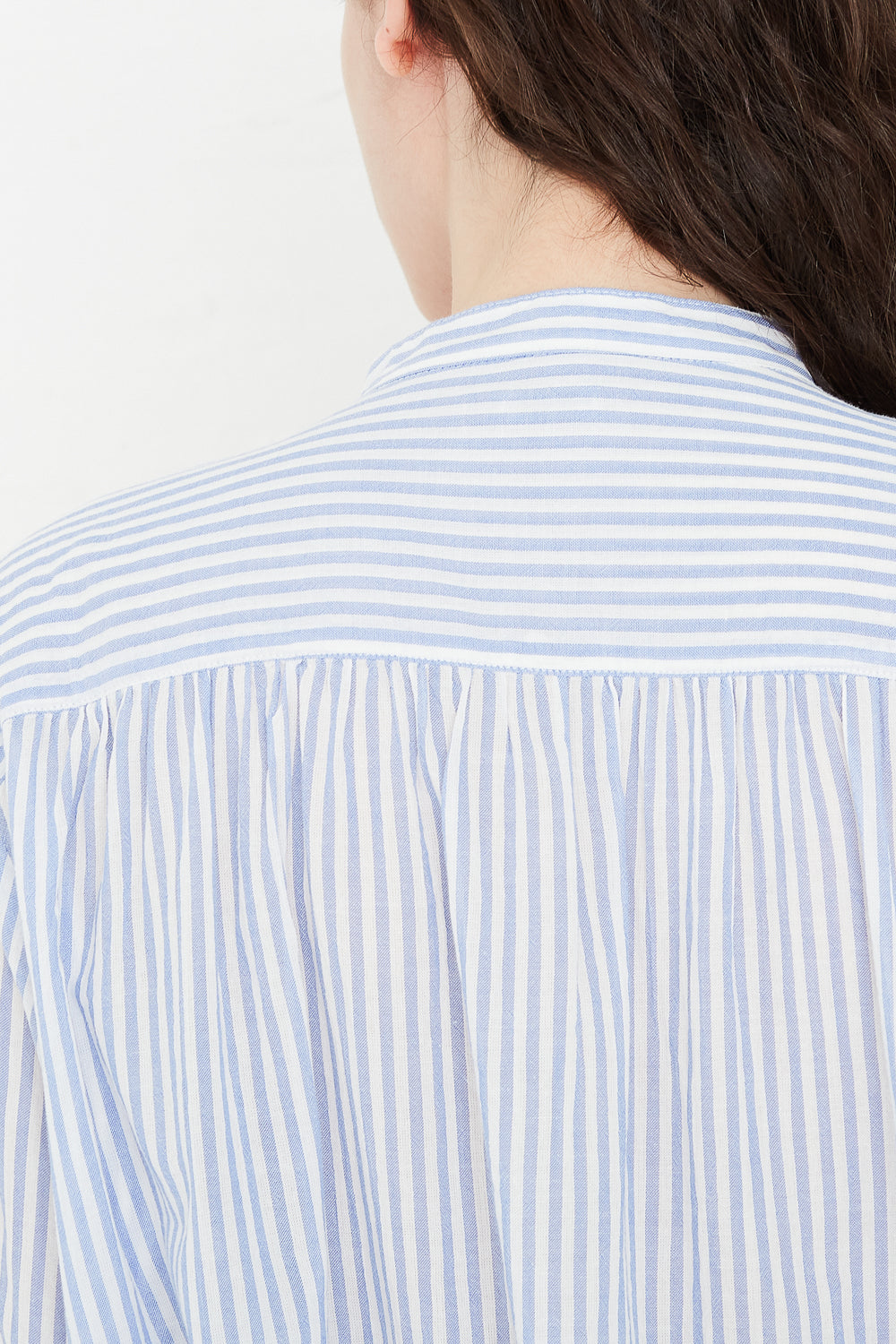 Cotton Stripe Dress in Light Blue back yoke detail