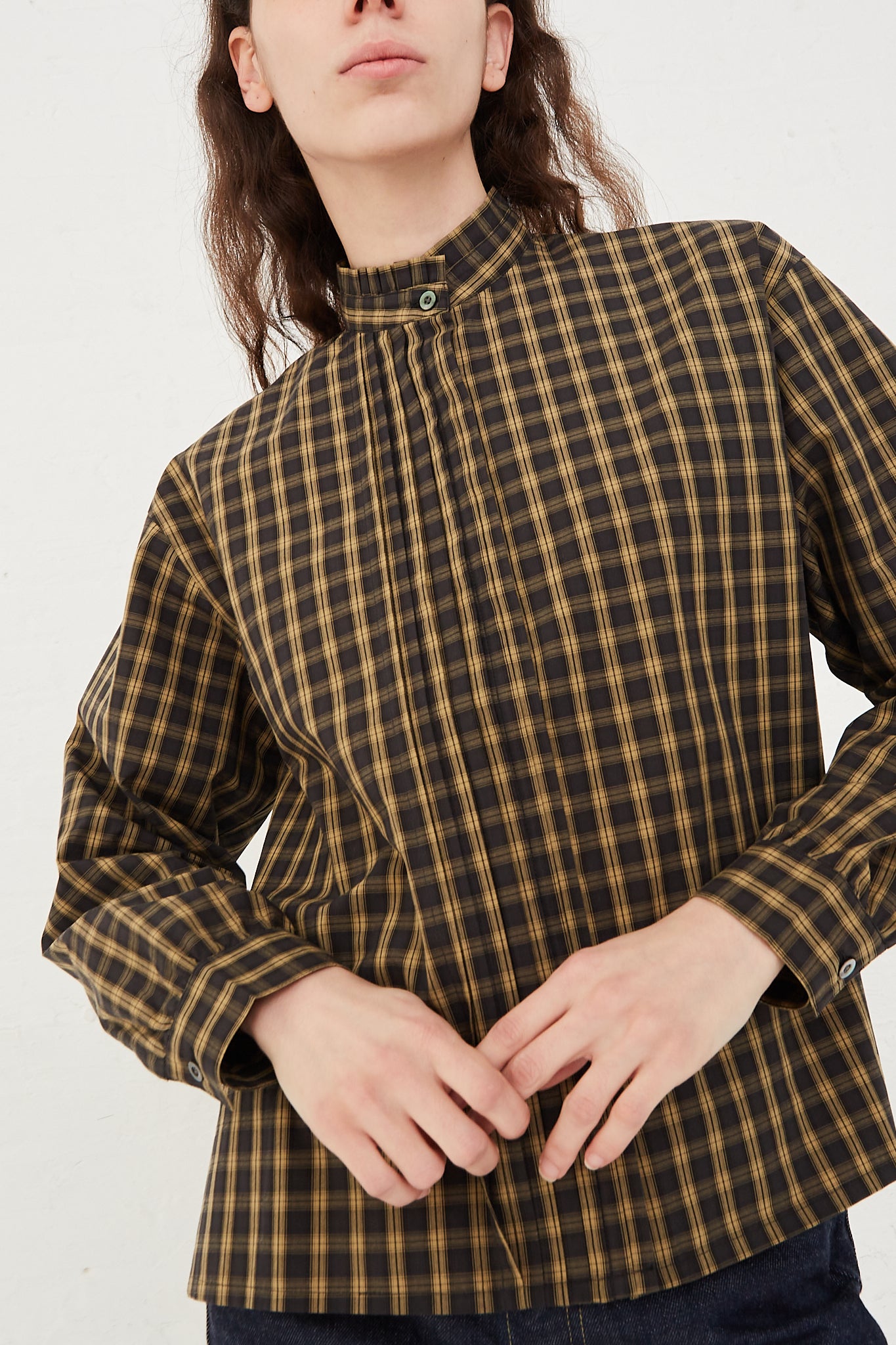 CHIMALA Pleated Stand Collar Shirt in Yellow Check - Oroboro Store | Front view and up-close. 