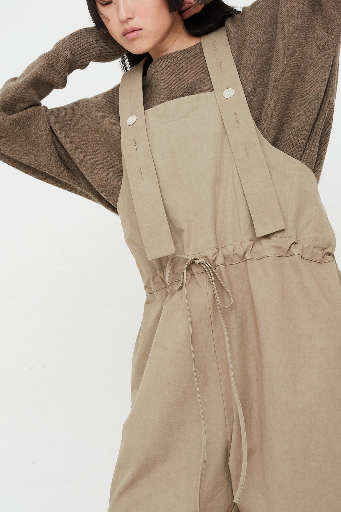 Lightweight Overalls in Drab by Lauren Manoogian for Oroboro Front Upclose