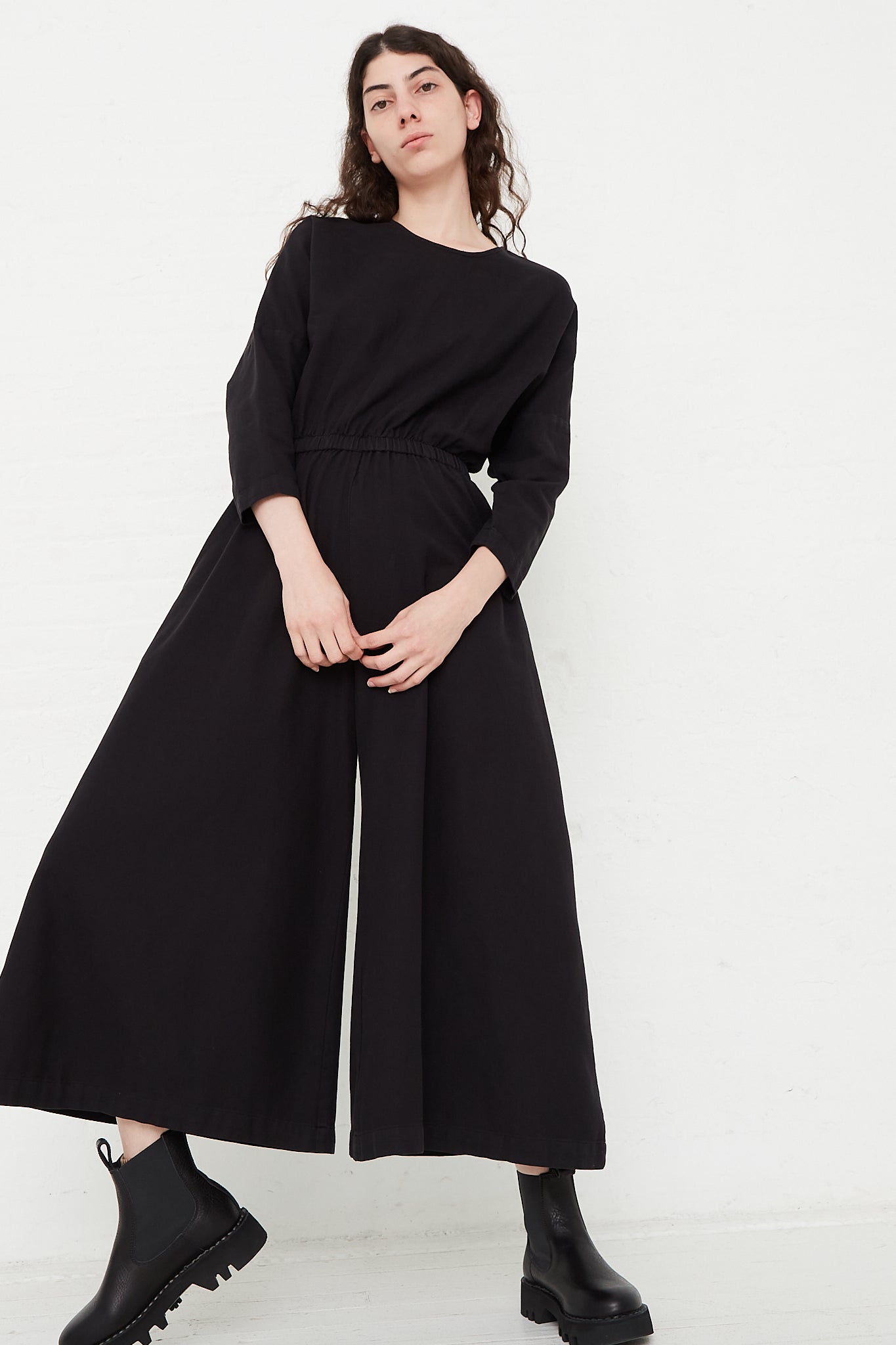 Cotton Twill Wide Culotte Jumpsuit in Black by Black Crane for Oroboro Front