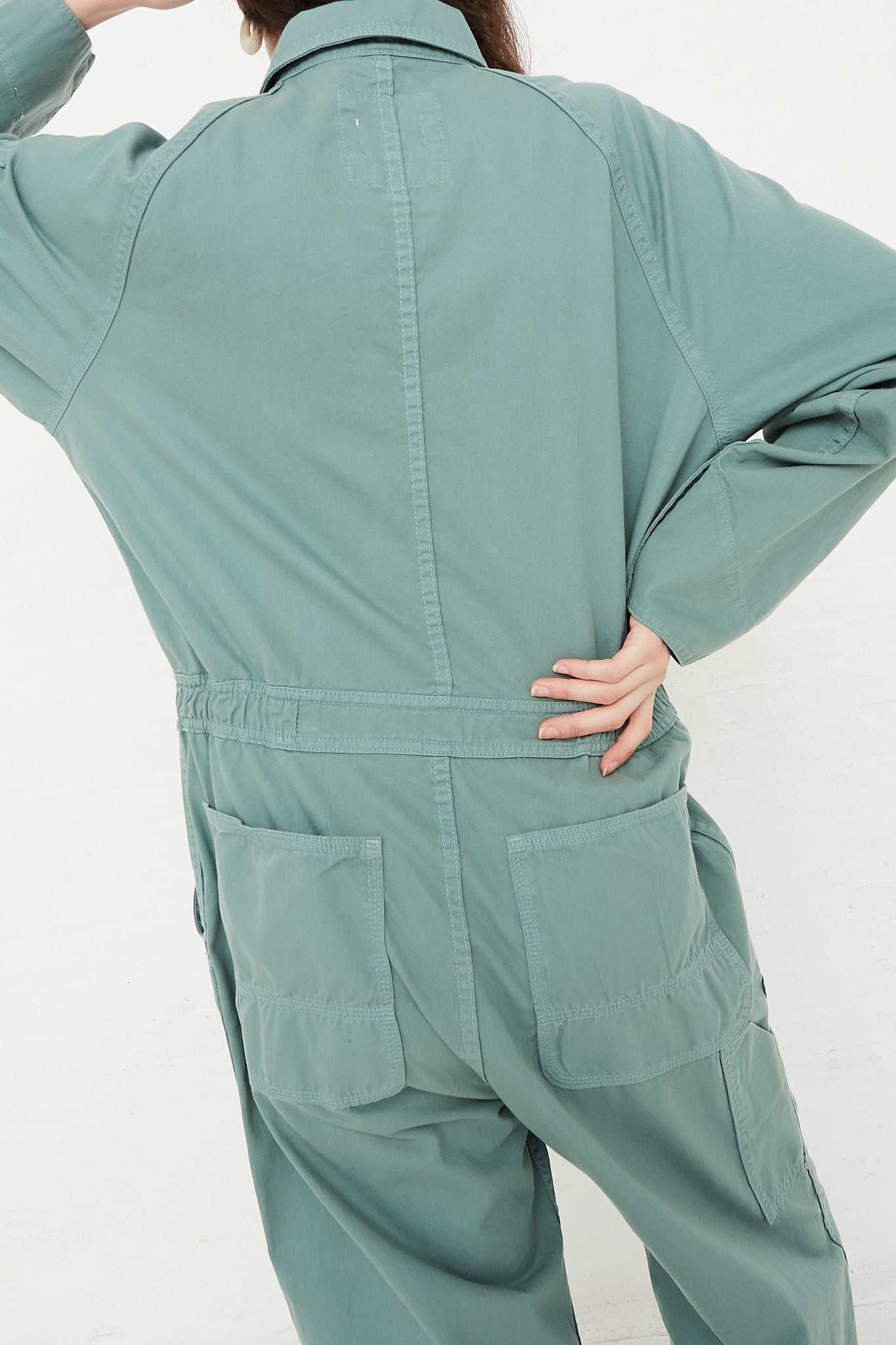 Rachel Comey Bley Jumpsuit in Sage back patch pocket detail