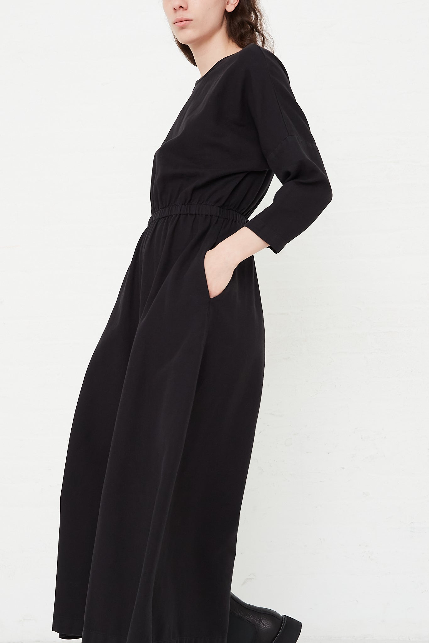 Cotton Twill Wide Culotte Jumpsuit in Black by Black Crane for Oroboro Sideview