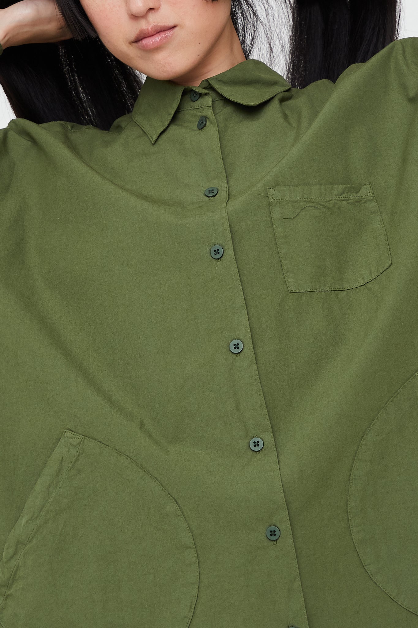 Okuda Cotton Poplin Shirt in Olive by Jesse Kamm for Oroboro Front Upclose