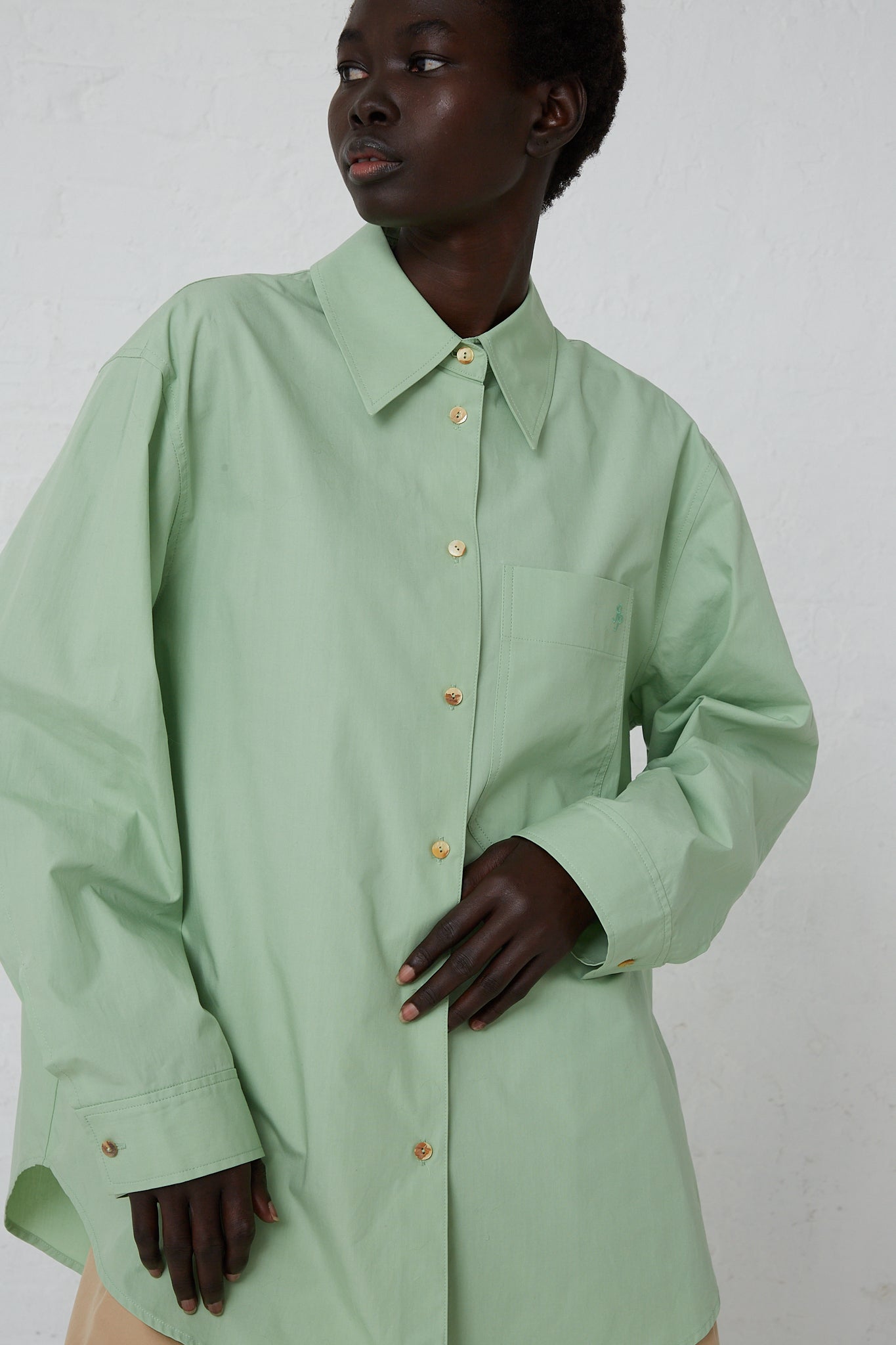 The model is wearing an Organic Cotton Caprice Shirt in Mint made by Rejina Pyo with front button closure, paired with tan pants.