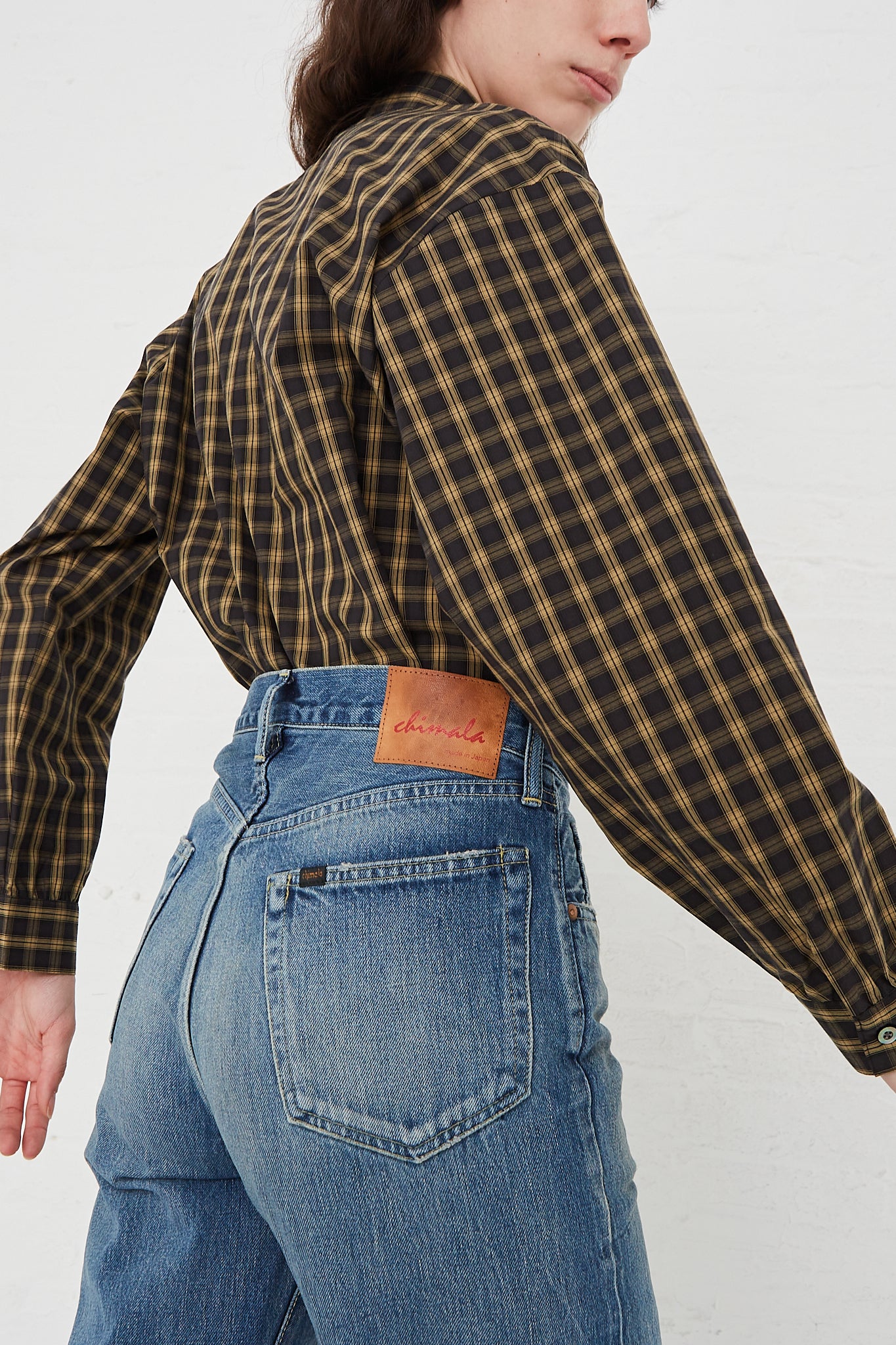CHIMALA Selvedge Denim Straight Cut in Medium Rinse - Oroboro Store | Back view and up close highlighting back pocket.