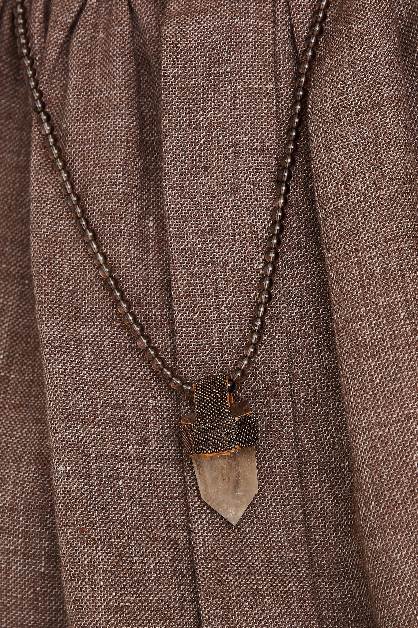 A Long Pendulum Necklace in Smoky Quartz Beads Brown, Citrine Crystal by Robin Mollicone.