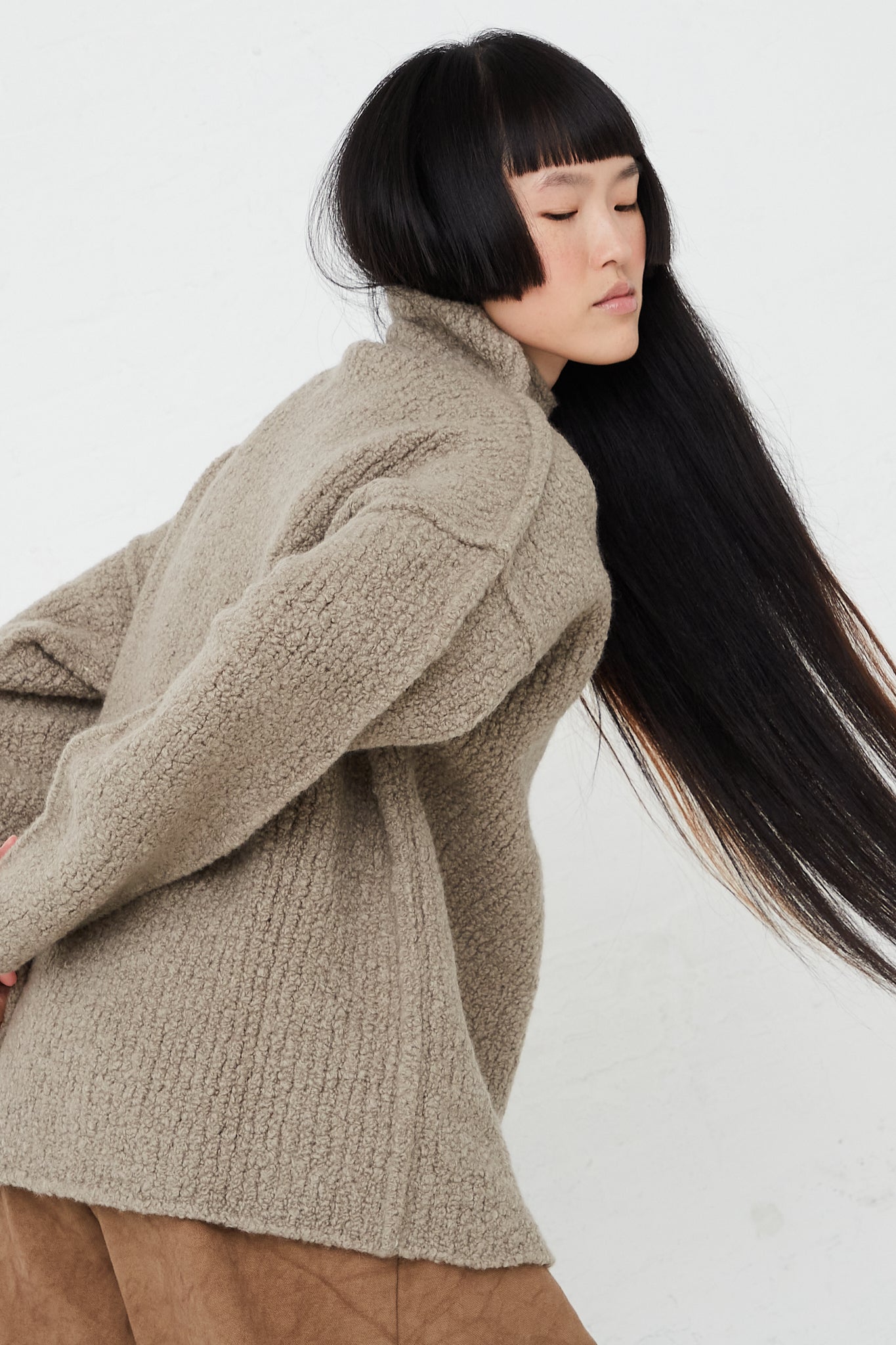 Taupe Turtleneck Sweater in Merino Boucle Wool by Lauren Manoogian for Oroboro Side