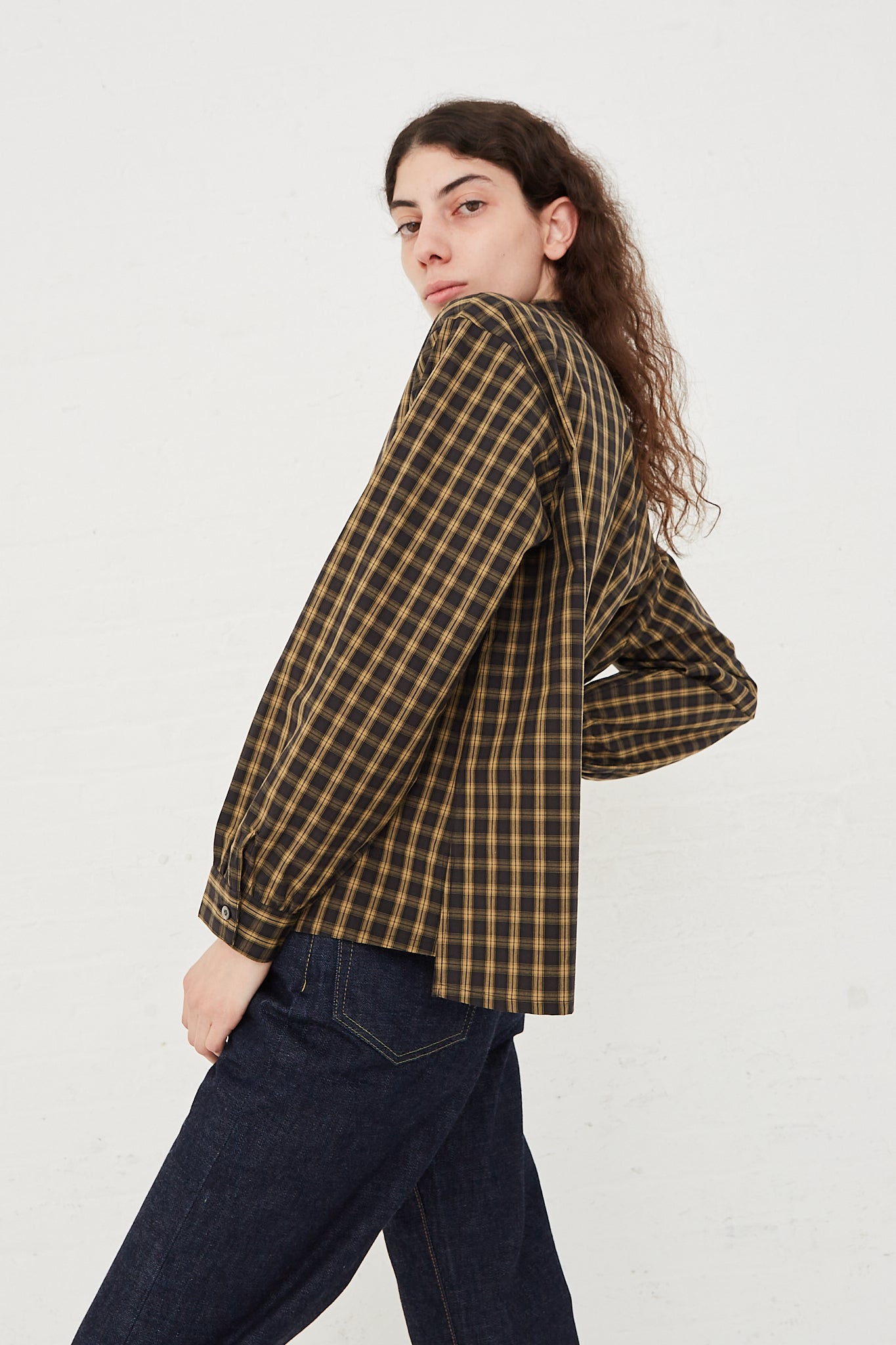 CHIMALA Pleated Stand Collar Shirt in Yellow Check - Oroboro Store | Side view and full length. 