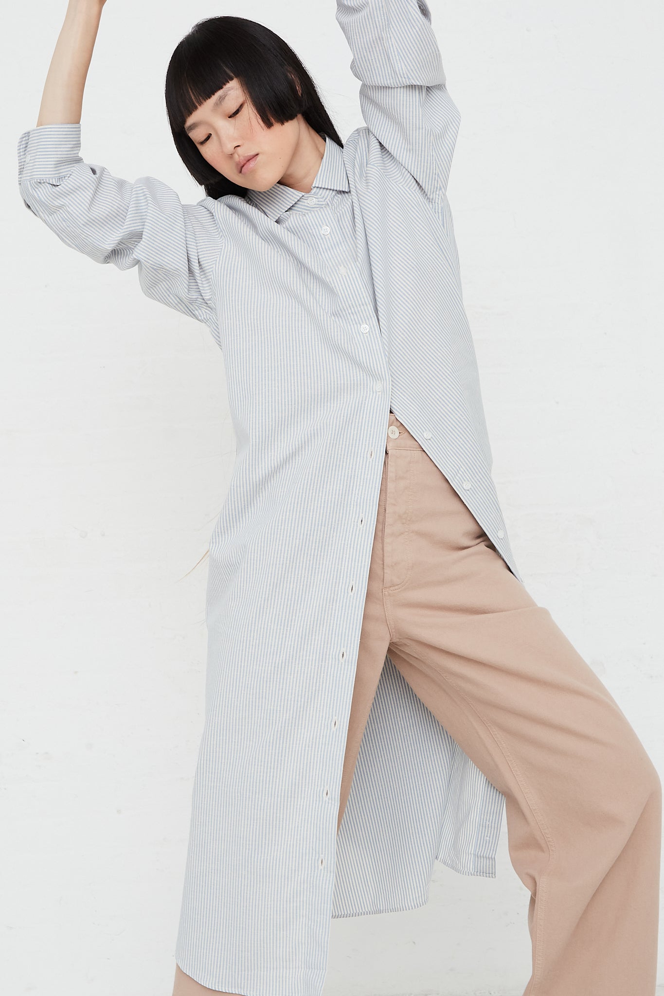 Ole Long Sleeve Shirt Dress in Organic Cotton by Baserange for Oroboro Front