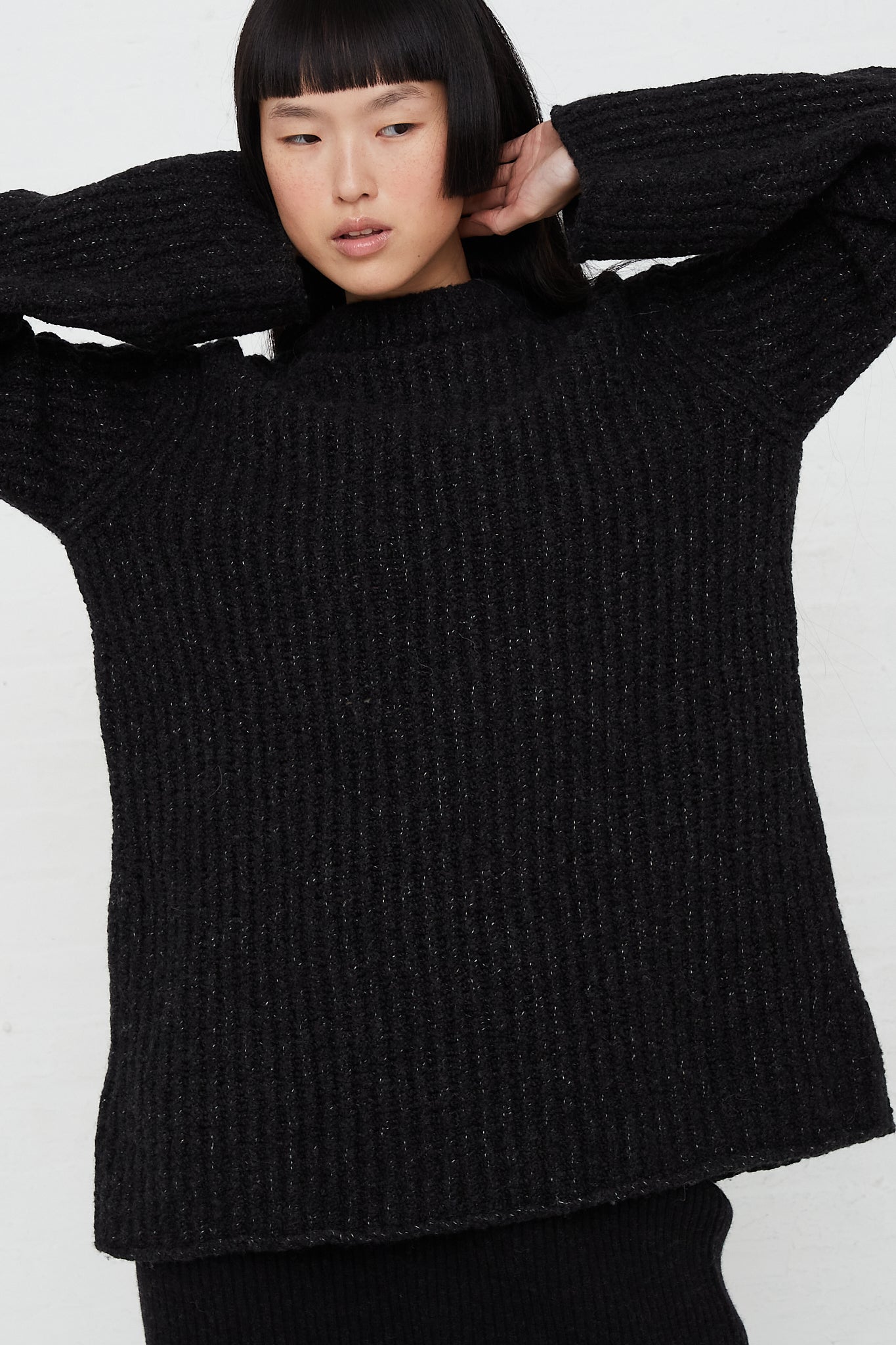 Ladders Merino Crewneck Sweater in Black by Lauren Manoogian for Oroboro Front Upclose