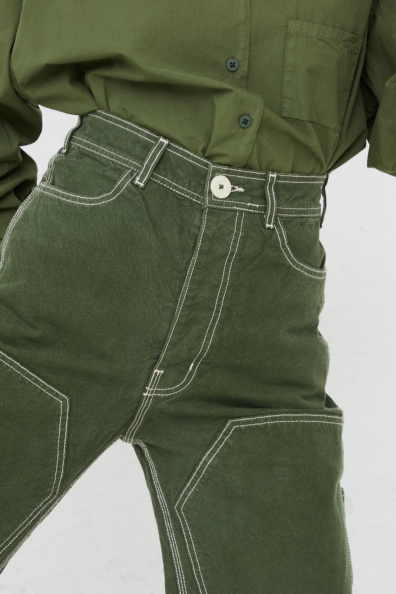 Organic Cotton Canvas Patchwork Handy Pant in Olive by Jesse Kamm for Oroboro Front Upclose