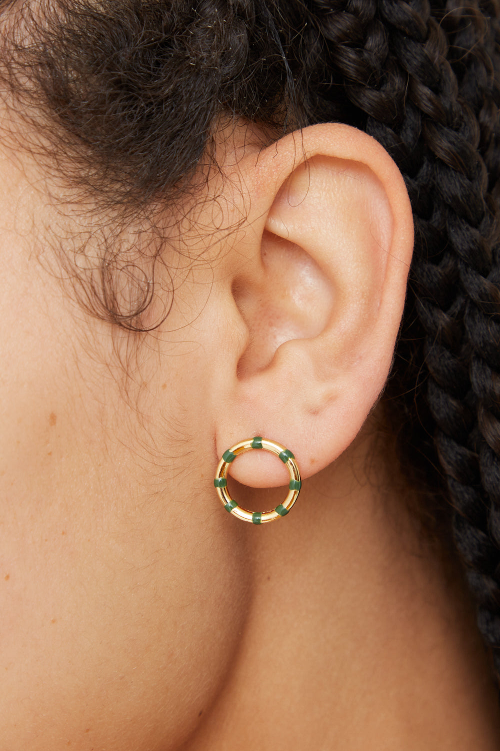 Abby Carnevale - Striped Front Hoops 13mm in Green / Vermeil on model view