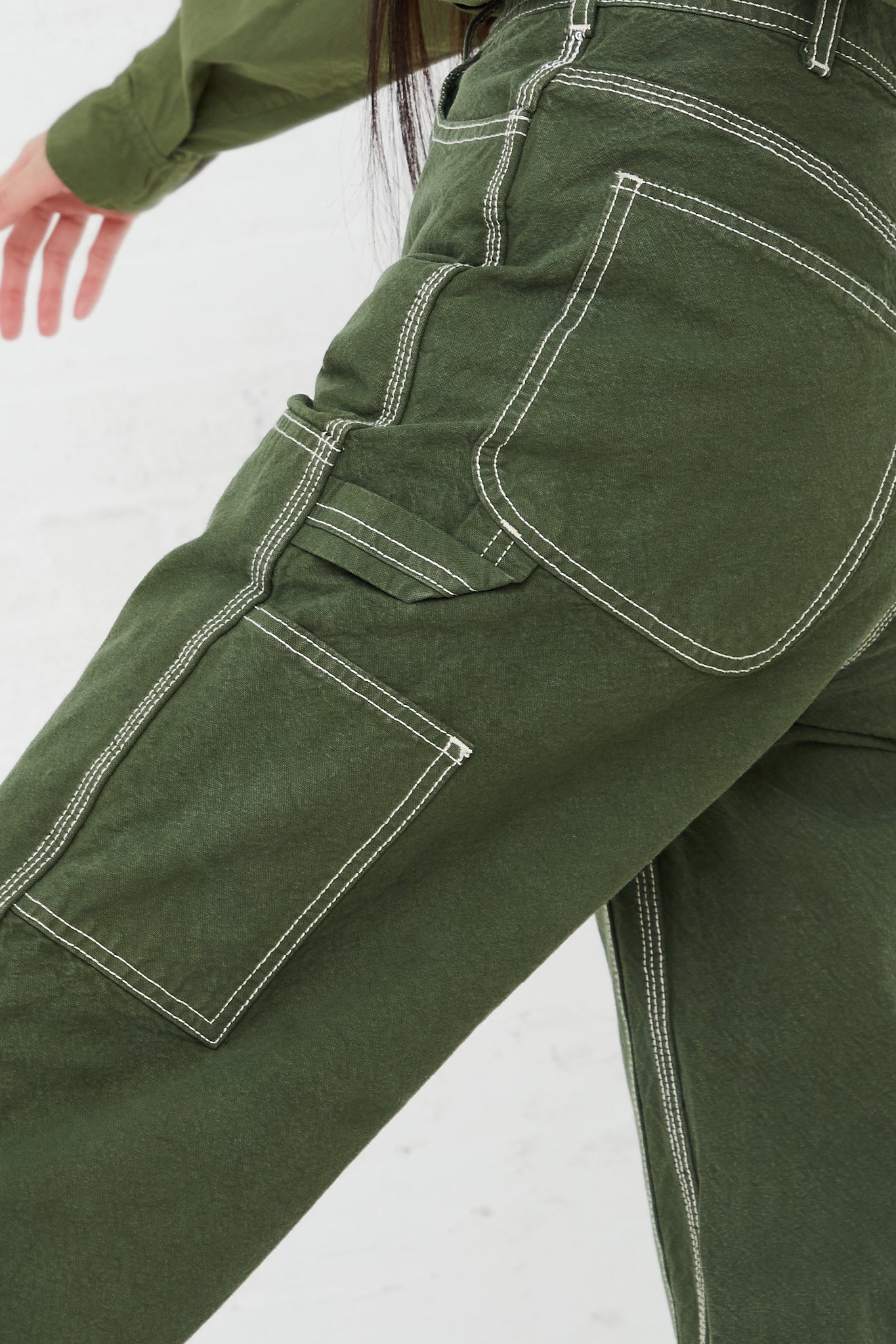 Organic Cotton Canvas Patchwork Handy Pant in Olive by Jesse Kamm for Oroboro Side Upclose