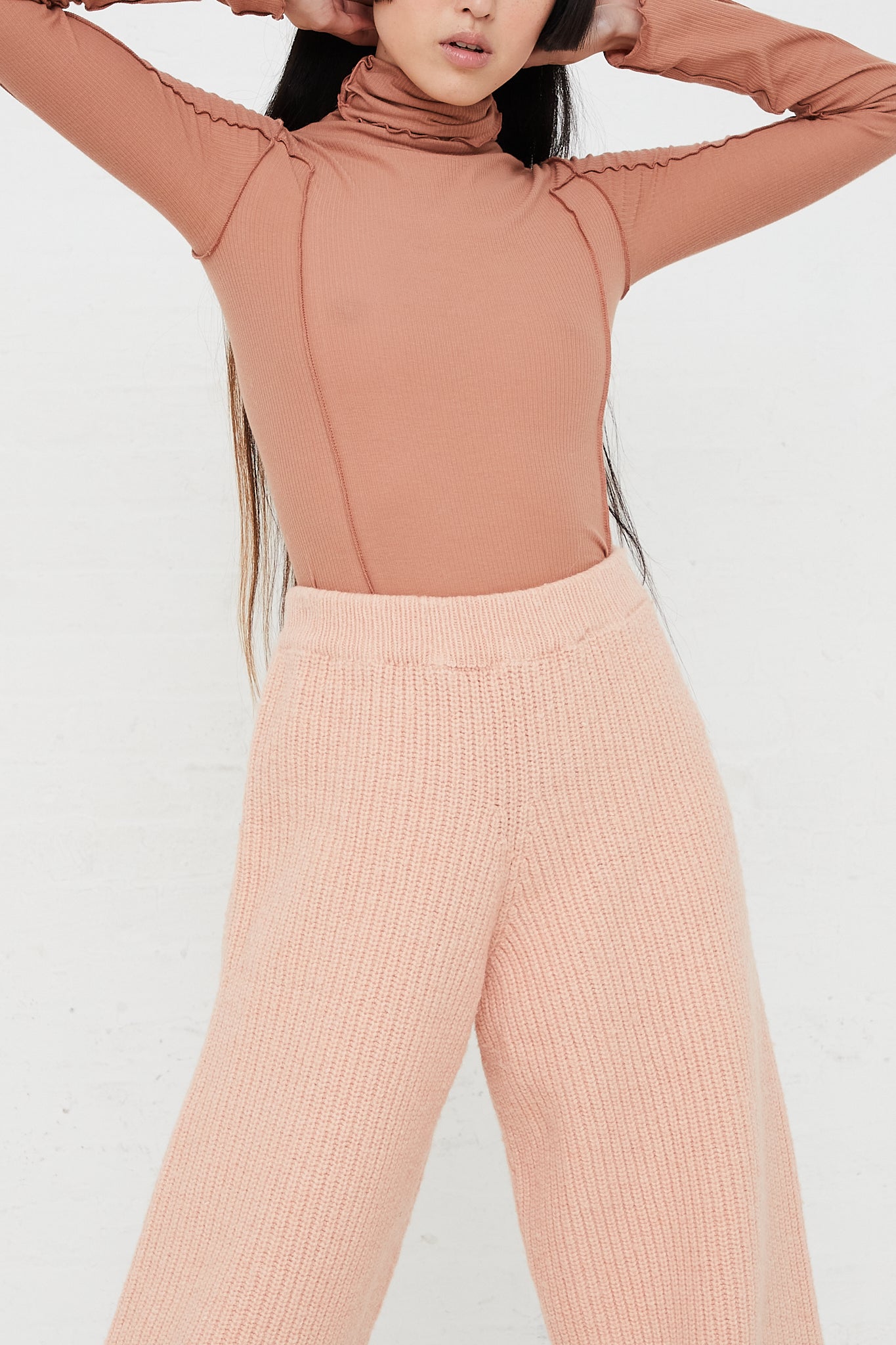 Mea Rib Knit Pant in Pink by Baserange for Oroboro Front Upclose