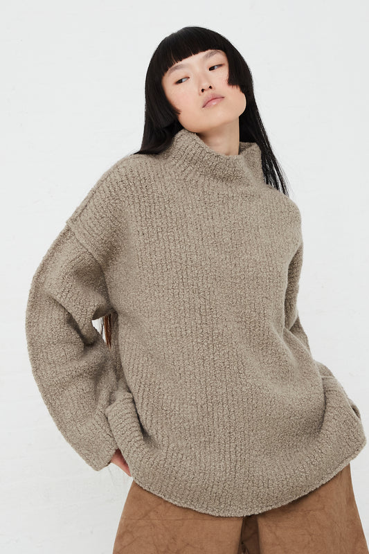 Taupe Turtleneck Sweater in Merino Boucle Wool by Lauren Manoogian for Oroboro Front