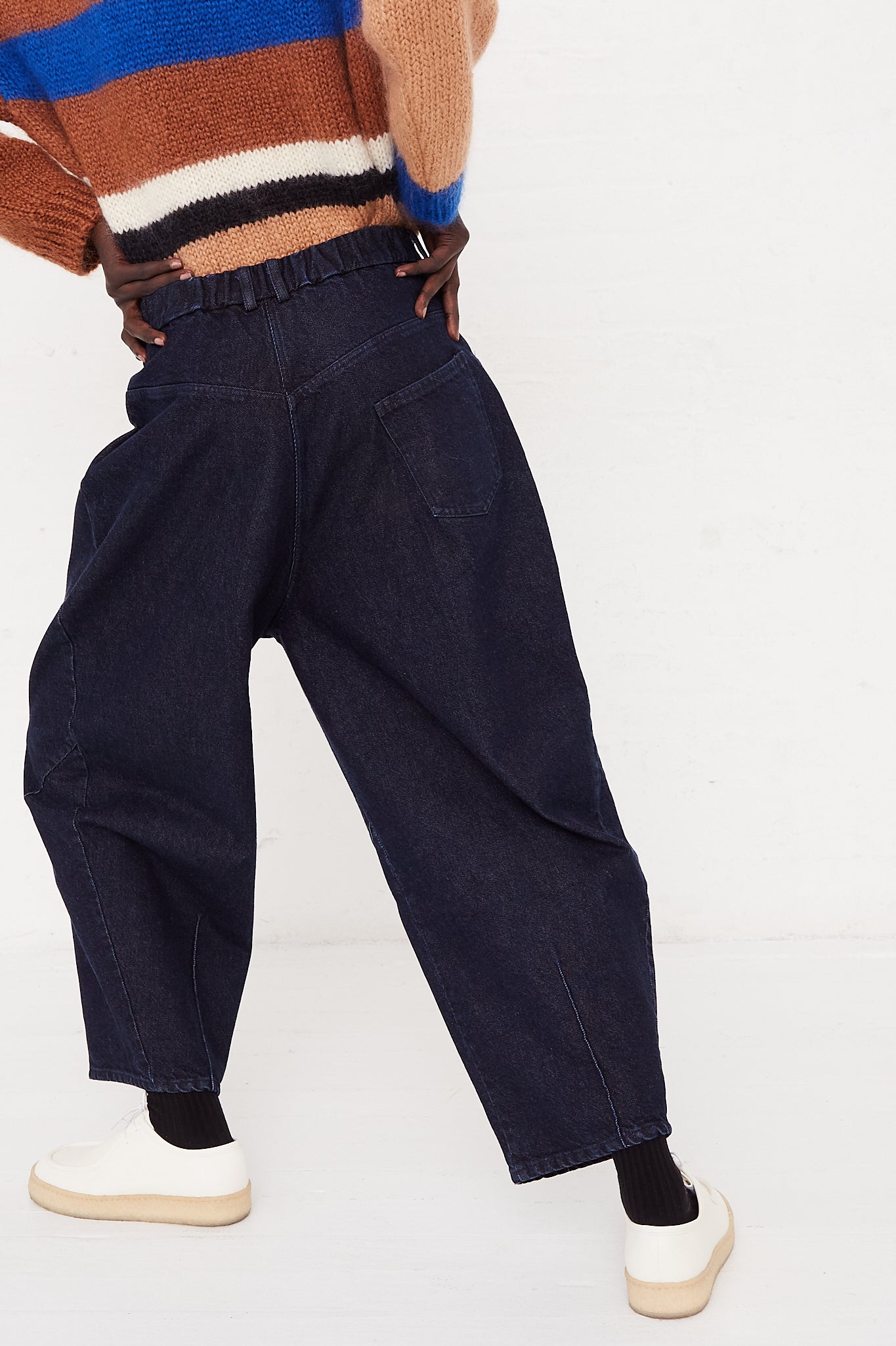 CORDERA Baggy Pant in Denim | Oroboro Store | back image upclose of denim on model