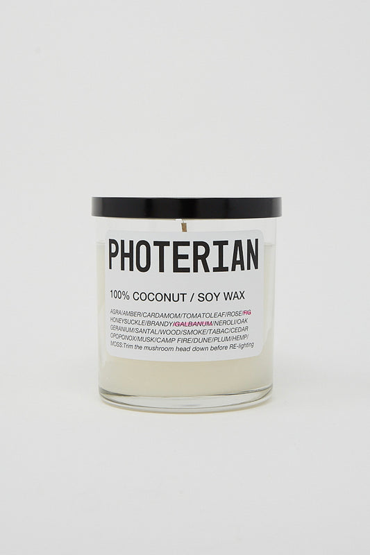 A Votive Coconut Soy Candle in Fig with the brand name Photerian on it.