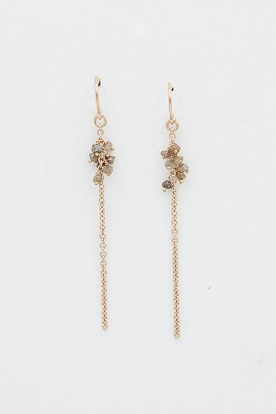 Stephanie Schneider Labradorite dangle earrings with a Rose Gold Plated and Raw Brown Diamond Earrings chain.