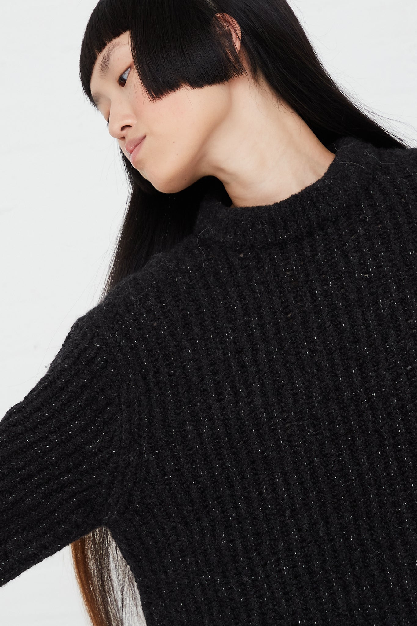 Ladders Merino Crewneck Sweater in Black by Lauren Manoogian for Oroboro Front Side Upclose