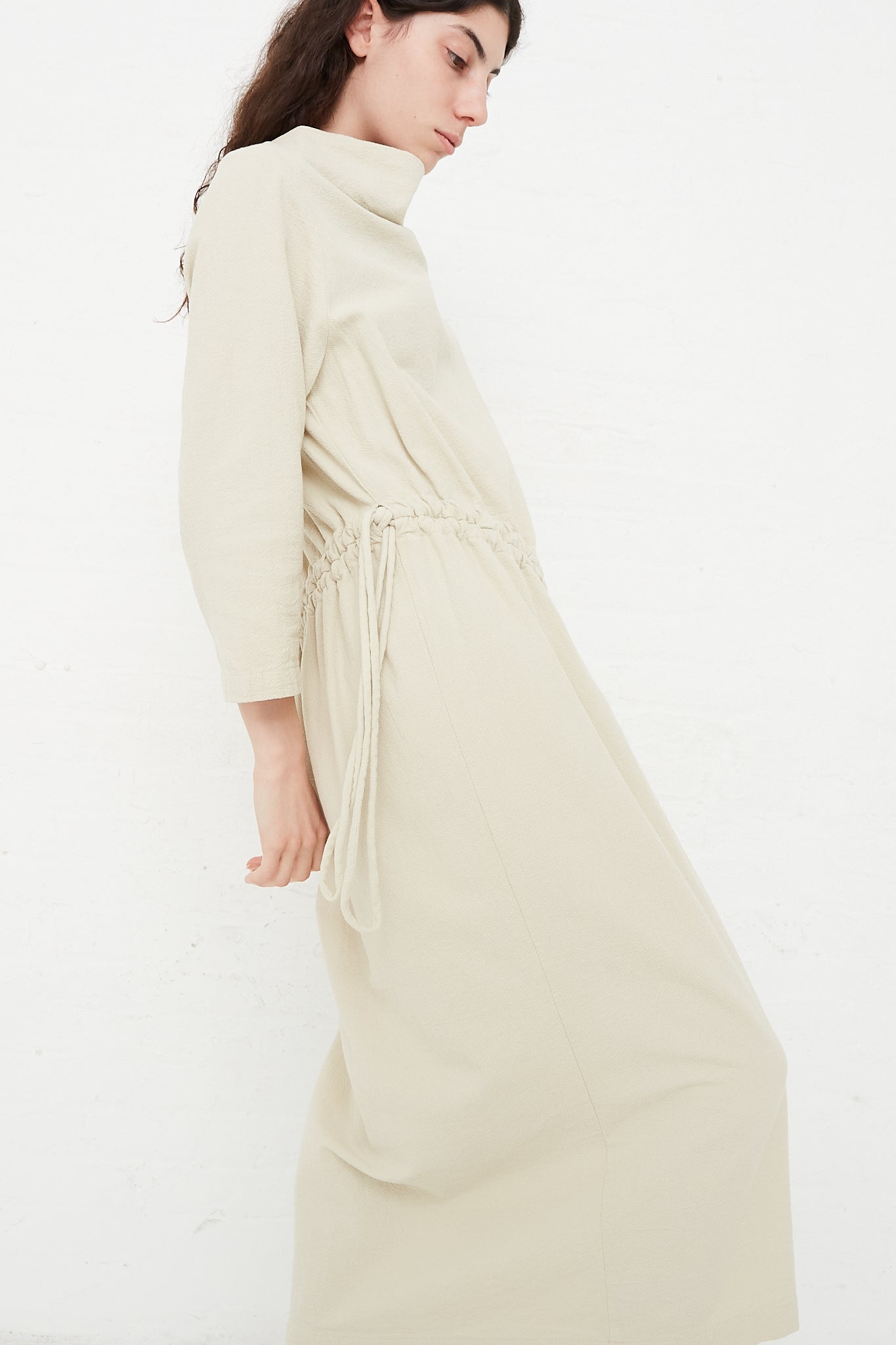 Cotton Woven Ruched Dress in Ivory by Black Crane for Oroboro Side