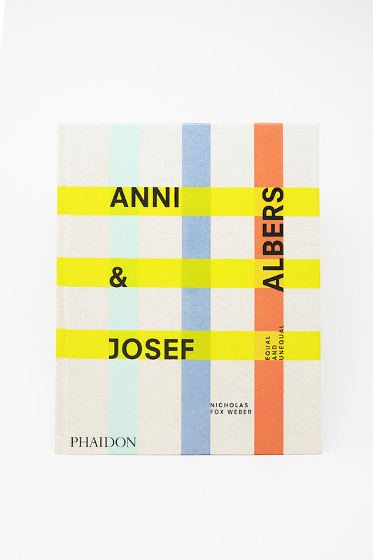 A book cover with a minimalist striped design featuring the title "Anni & Josef Albers: Equal and Unequal," both renowned textile artists, and the publisher "Phaidon" with the author's name, "n".