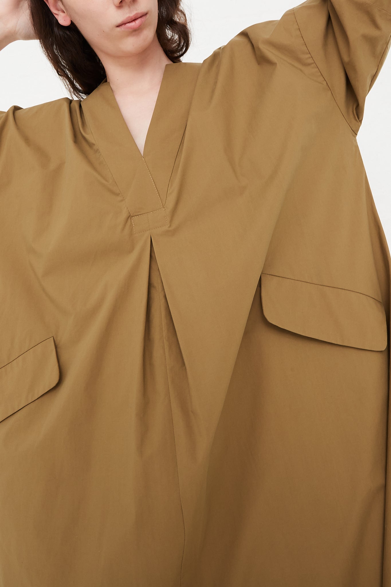 Rachel Comey Copake Dress in Gold front neck opening and flap pocket detail